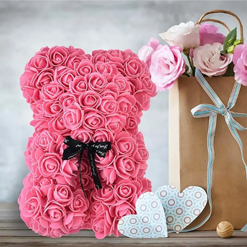 1Ursuleț din Trandafiri Artificiali 25 cm, cu Cutie – Cadou Romantic pentru Valentine’s Day